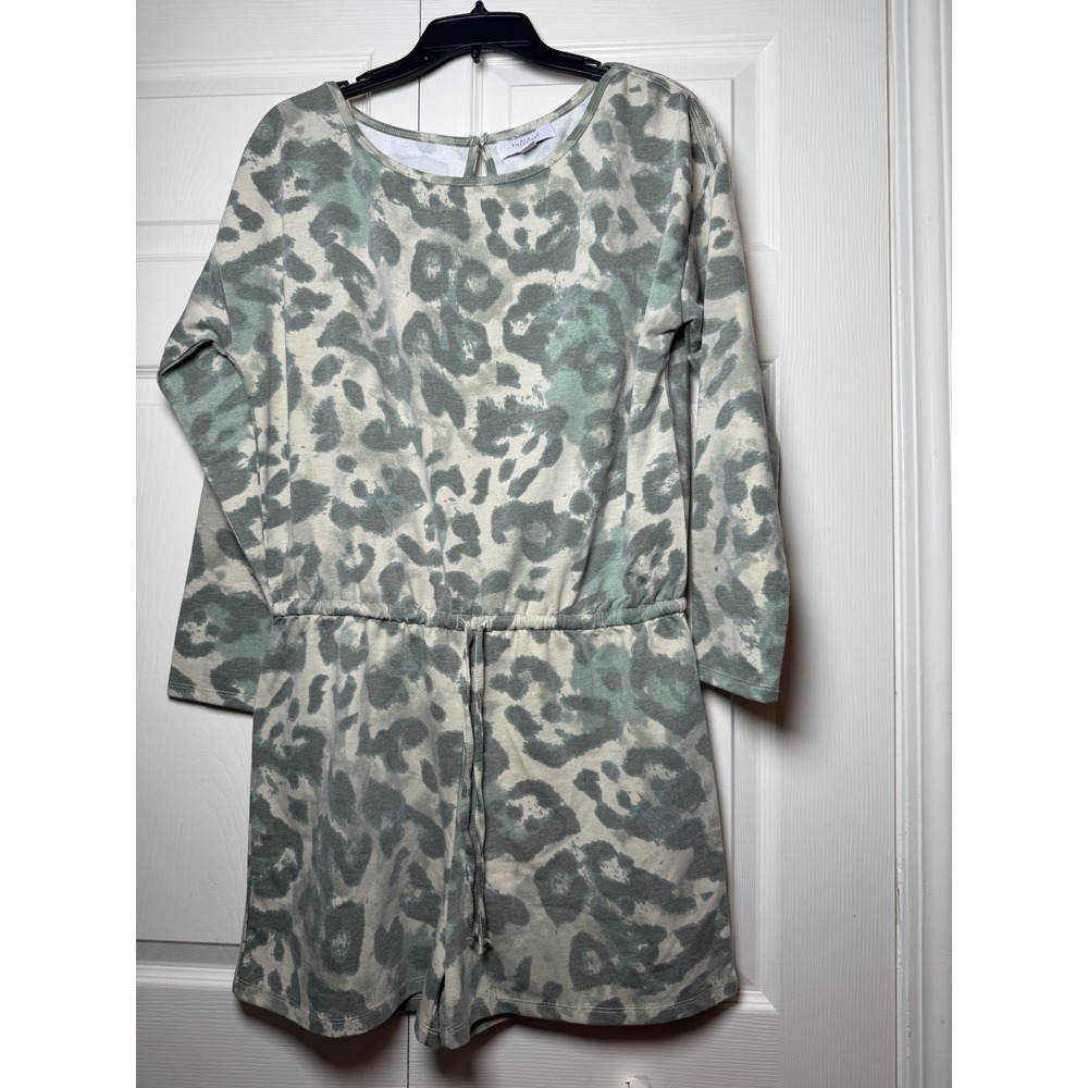 New Directions Studio Womens Sage Green Leopard Print Long Sleeve Romper Size M